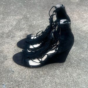 Jessica Simpson Black Fringe Lace-Up Wedges